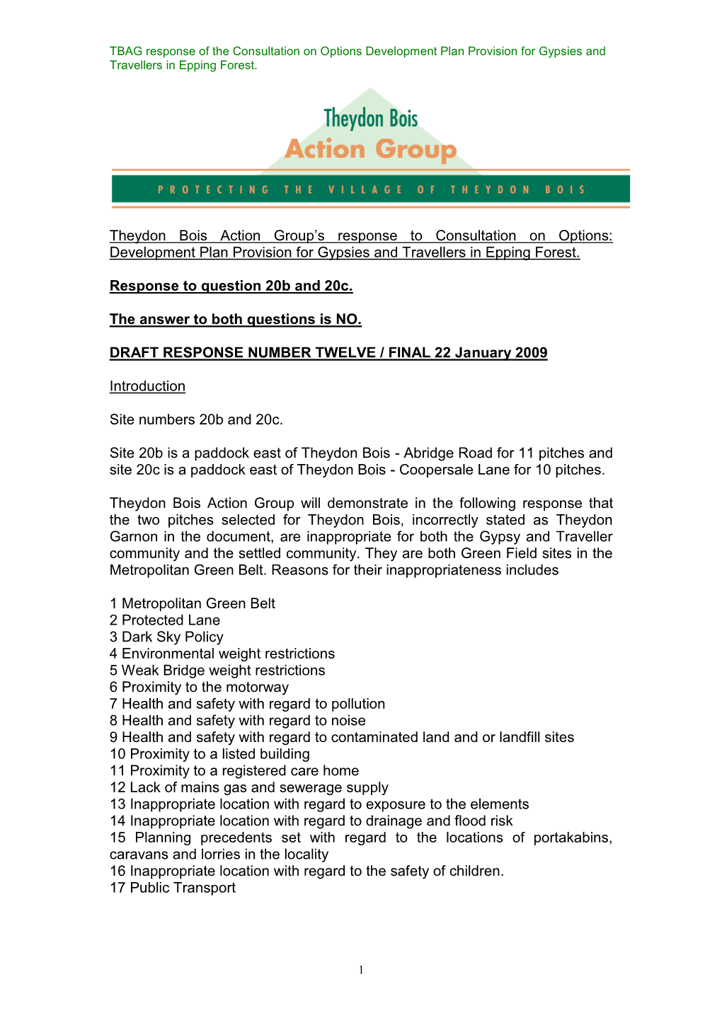 Theydon Bois Action Group's Response to Consultation on Options: Development Plan Provision for Gypsies and Travellers in Eppi