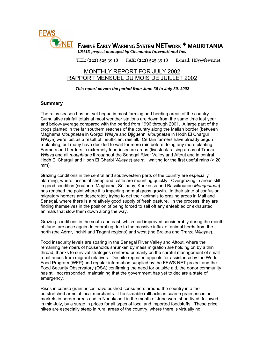 Famine Early Warning System Network Mauritania Monthly Report for July 2002 Rapport Mensuel Du Mois De Juillet 2002