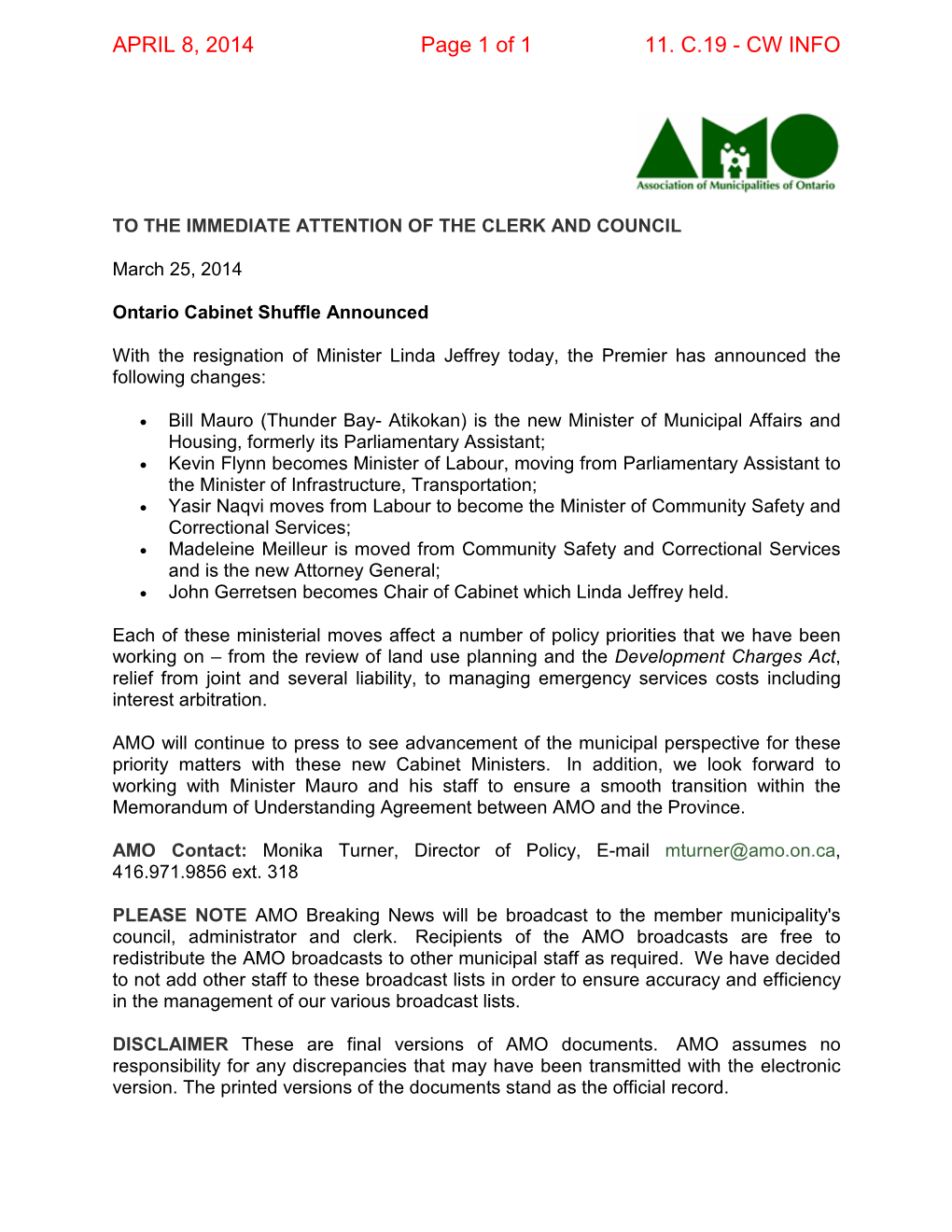 AMO Update Entitled Ontario Cabinet Shuffle Announced Dated March 25