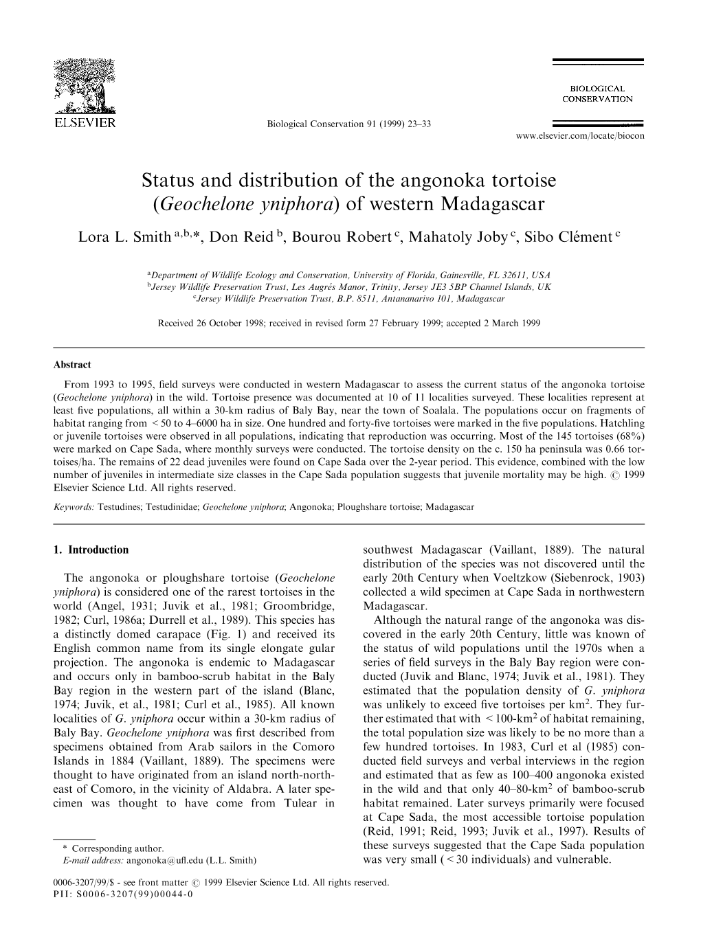 Status and Distribution of the Angonoka Tortoise (Geochelone Yniphora) of Western Madagascar