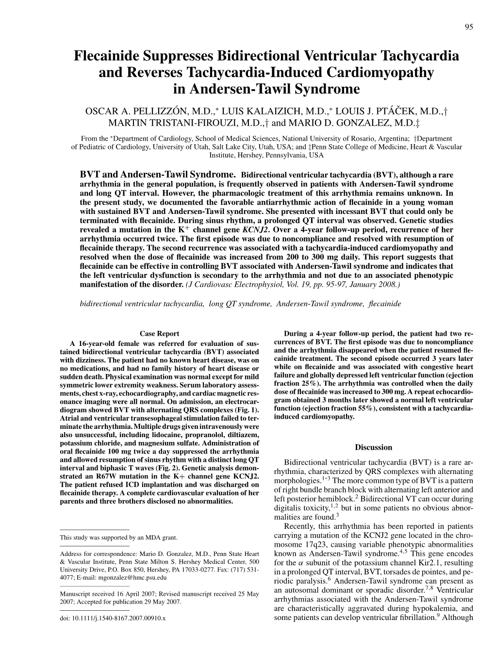 Flecainide Suppresses Bidirectional Ventricular Tachycardia and Reverses Tachycardia-Induced Cardiomyopathy in Andersen-Tawil Syndrome OSCAR A