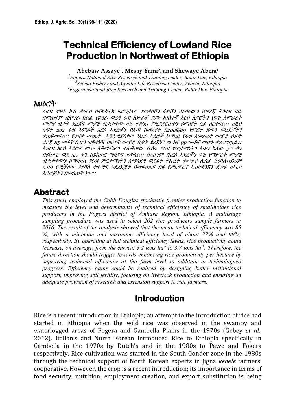 Technical Efficiency of Lowland Rice Production in Northwest of Ethiopia