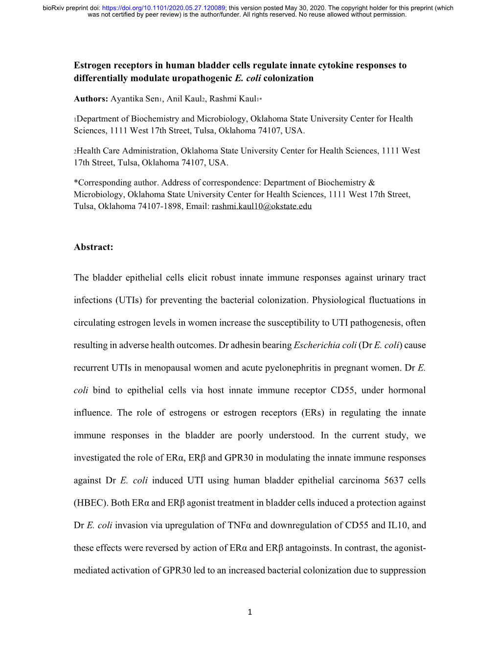 Estrogen Receptors in Human Bladder Cells Regulate Innate Cytokine Responses to Differentially Modulate Uropathogenic E