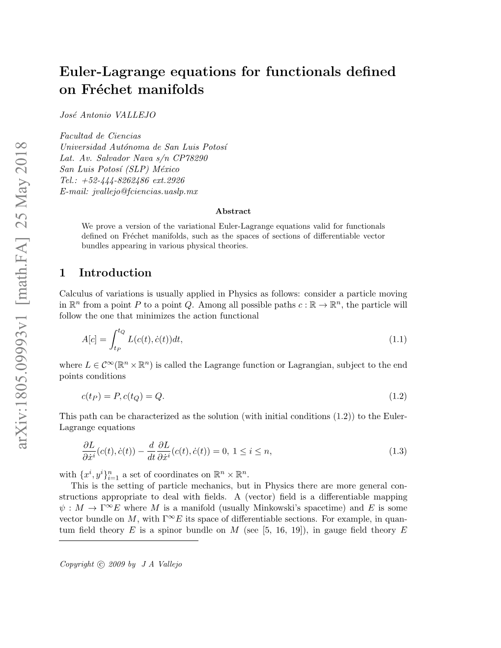 Euler-Lagrange Equations for Functionals Defined on Fr\'Echet