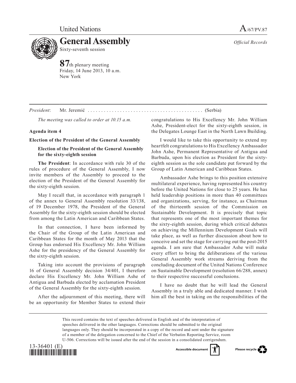 General Assembly Official Records Asdfsixty-Seventh Session 87Th Plenary Meeting Friday, 14 June 2013, 10 A.M