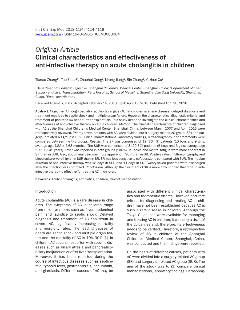 Original Article Clinical Characteristics and Effectiveness of Anti-Infective Therapy on Acute Cholangitis in Children