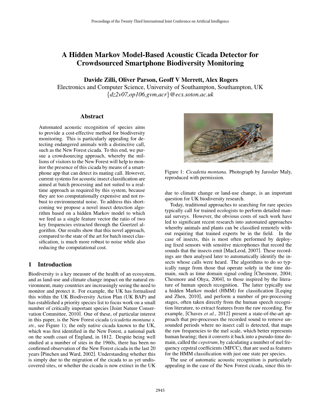 A Hidden Markov Model-Based Acoustic Cicada Detector for Crowdsourced Smartphone Biodiversity Monitoring