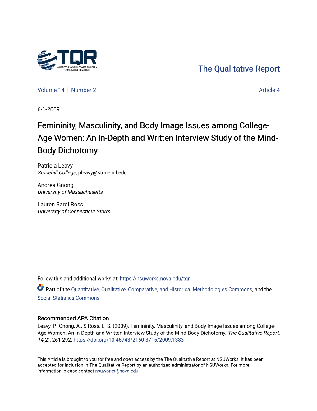 Femininity, Masculinity, and Body Image Issues Among College-Age Women: an In-Depth and Written Interview Study of the Mind-Body Dichotomy