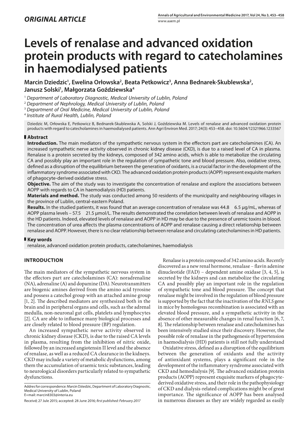 Levels of Renalase and Advanced Oxidation Protein Products with Regard to Catecholamines in Haemodialysed Patients