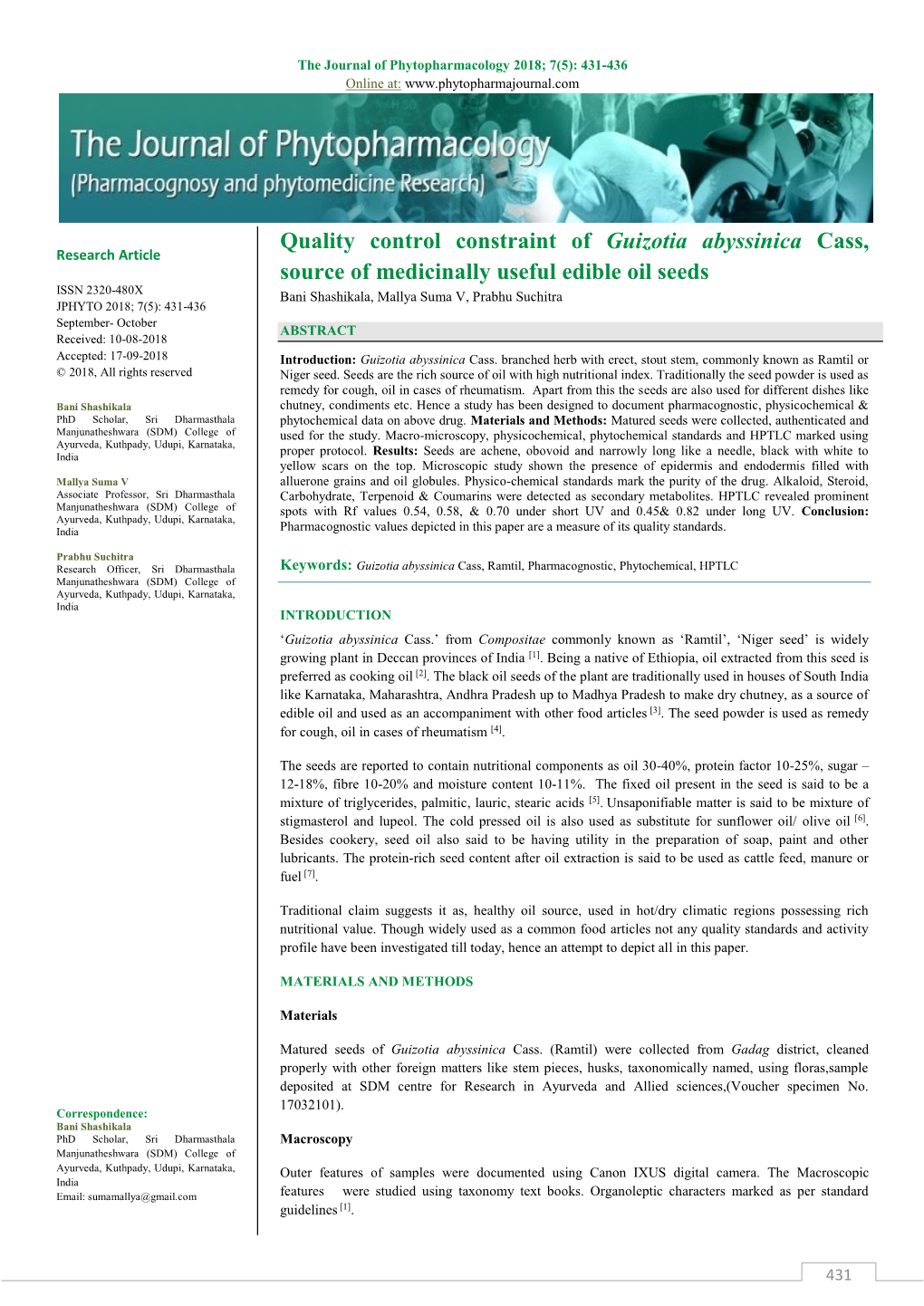 Quality Control Constraint of Guizotia Abyssinica Cass, Source of Medicinally Useful Edible Oil Seeds