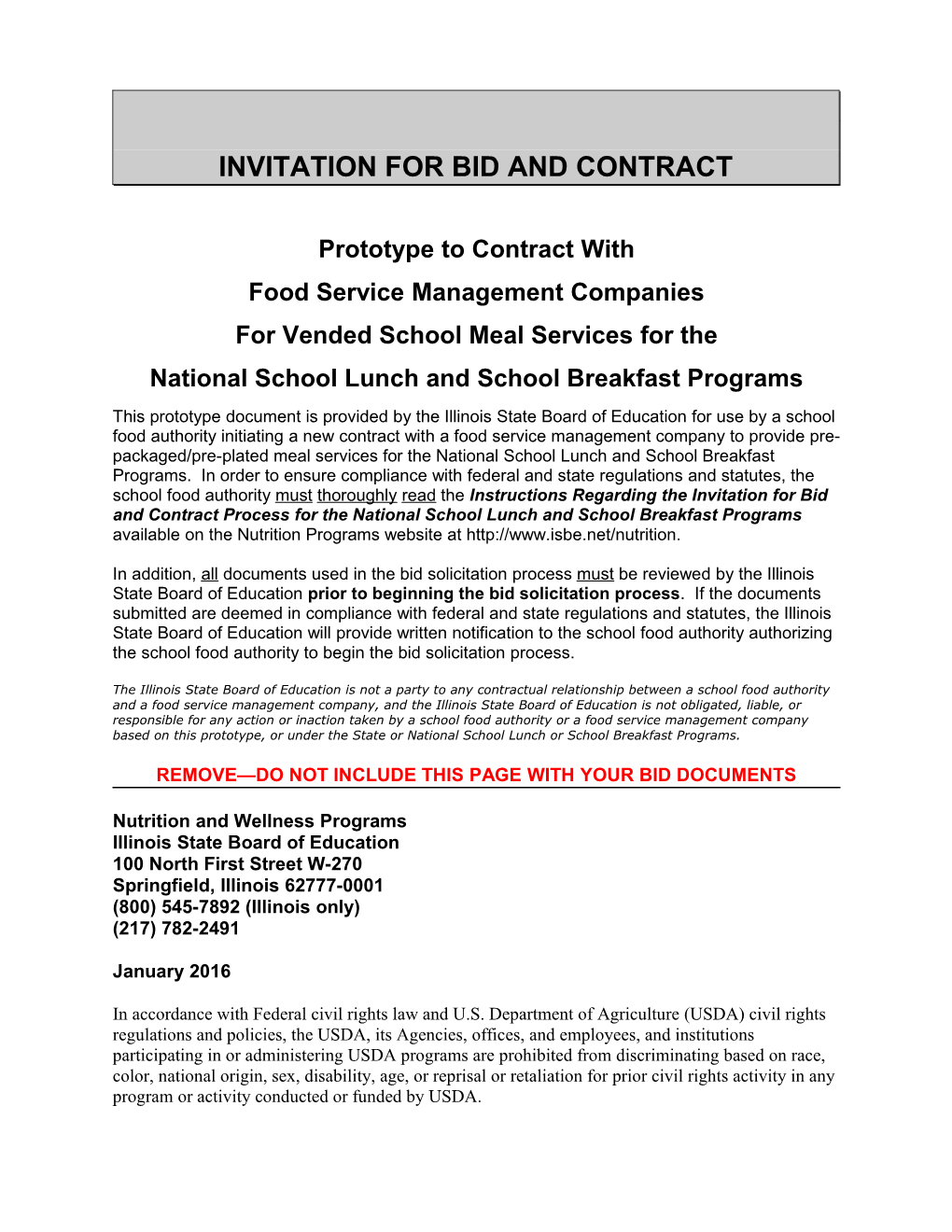 INVITATION for BID and CONTRACT - Prototype to Contract with Food Service Management Companies