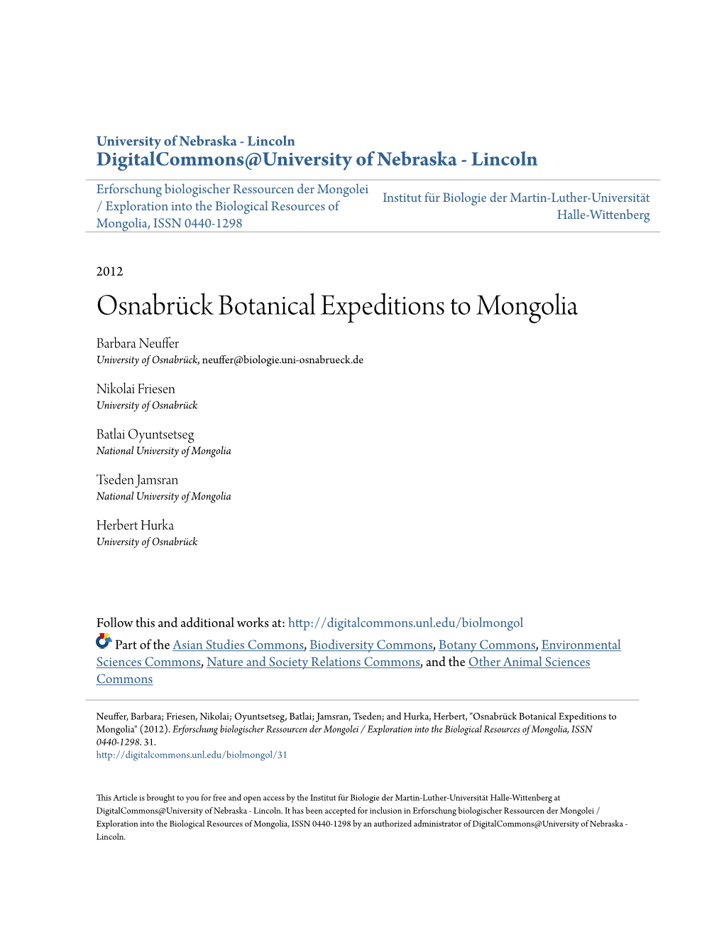 Osnabrück Botanical Expeditions to Mongolia Barbara Neuffer University of Osnabrück, Neuffer@Biologie.Uni-Osnabrueck.De