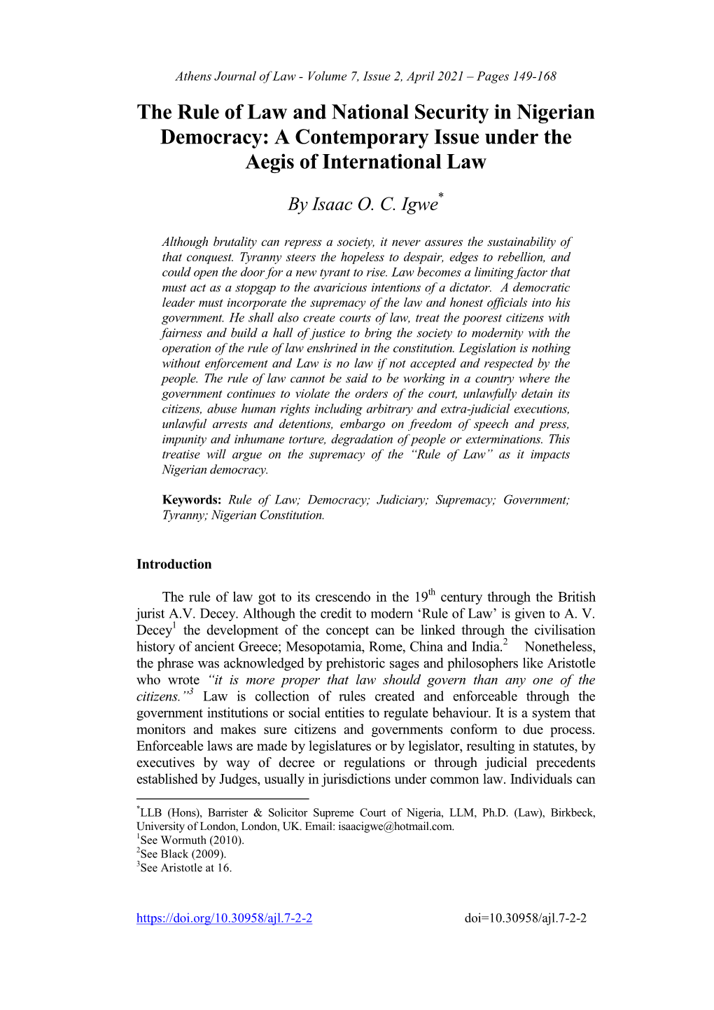 The Rule of Law and National Security in Nigerian Democracy: a Contemporary Issue Under the Aegis of International Law