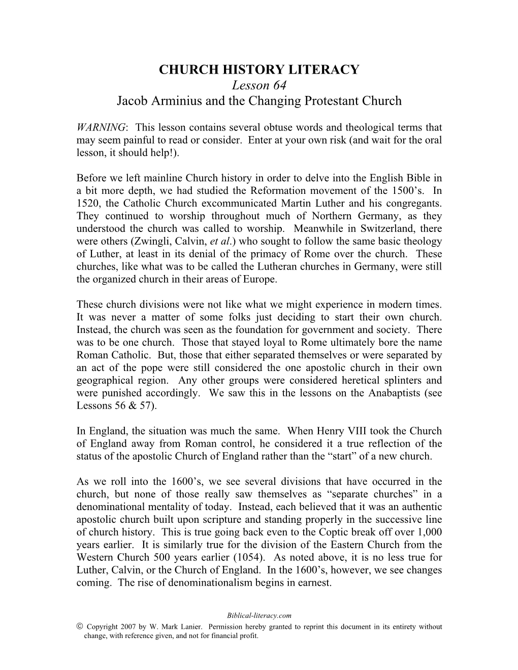 Jacob Arminius and the Changing Protestant Church