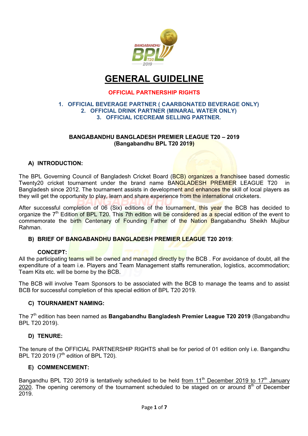 GENERAL GUIDELINE – Official Partnership Rights – BBPL T20 -2019