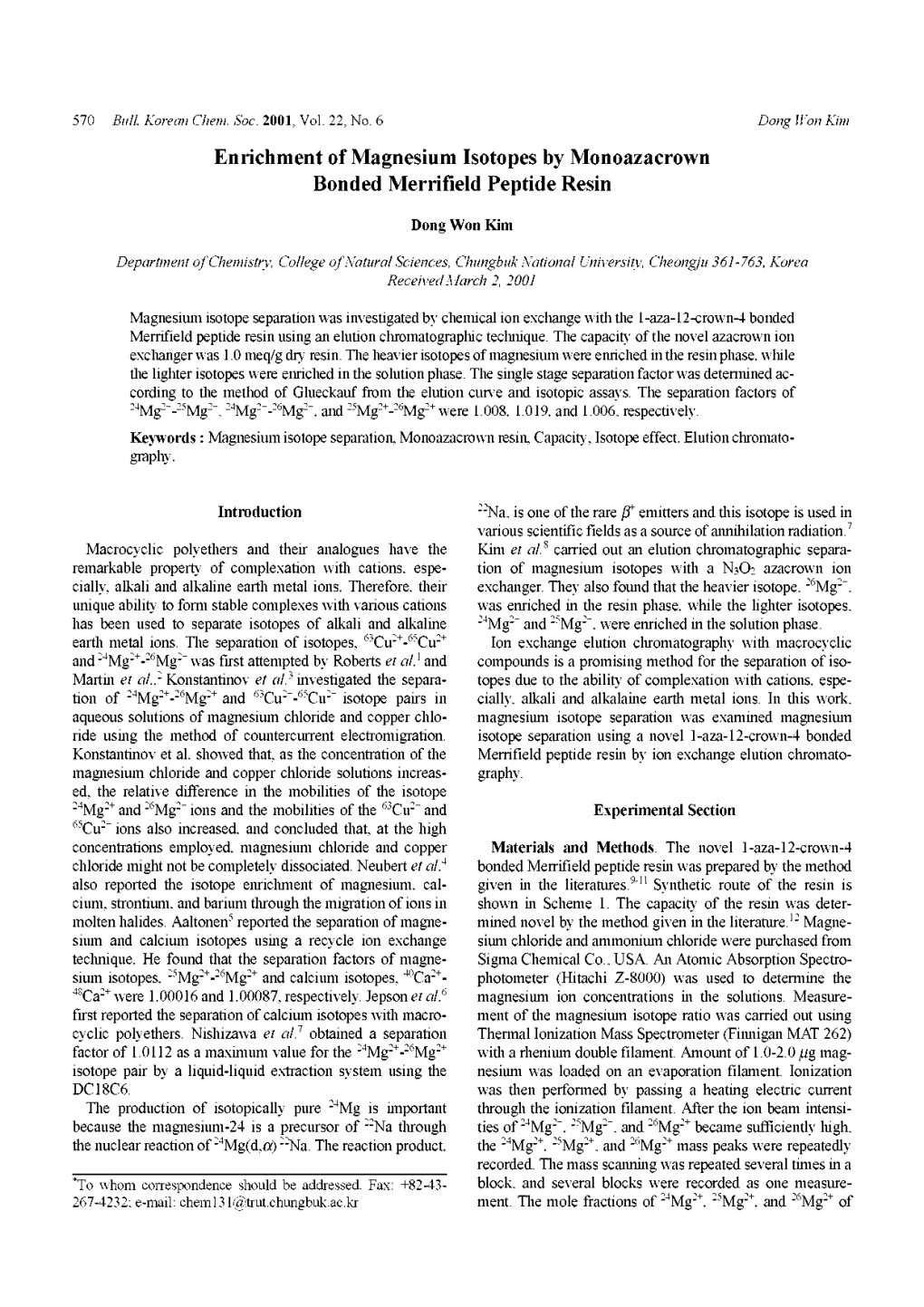 Enrichment of Magnesium Isotopes by Monoazacrown Bonded Merrifield Peptide Resin