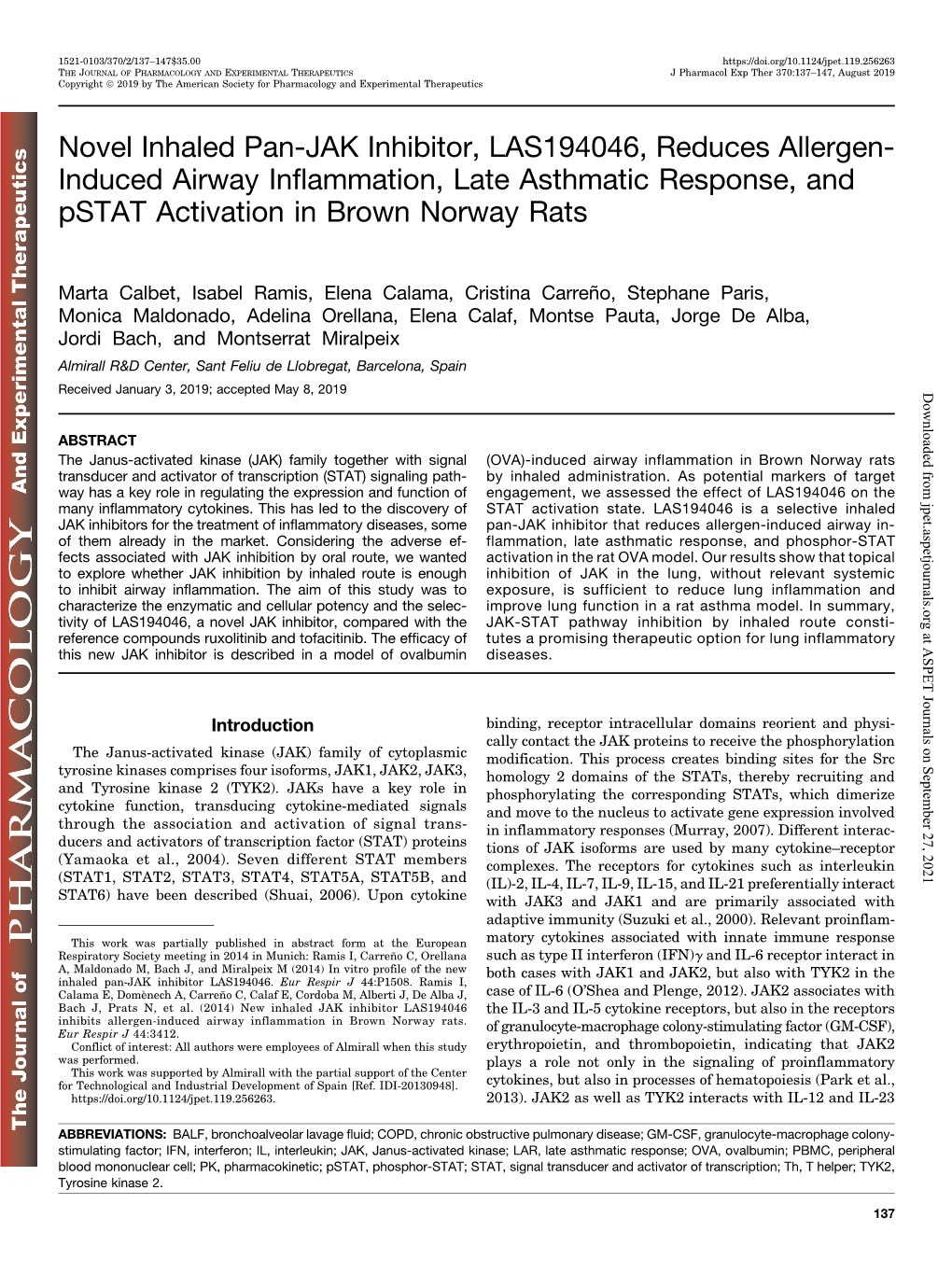 Novel Inhaled Pan-JAK Inhibitor, LAS194046, Reduces Allergen- Induced Airway Inflammation, Late Asthmatic Response, and Pstat Activation in Brown Norway Rats