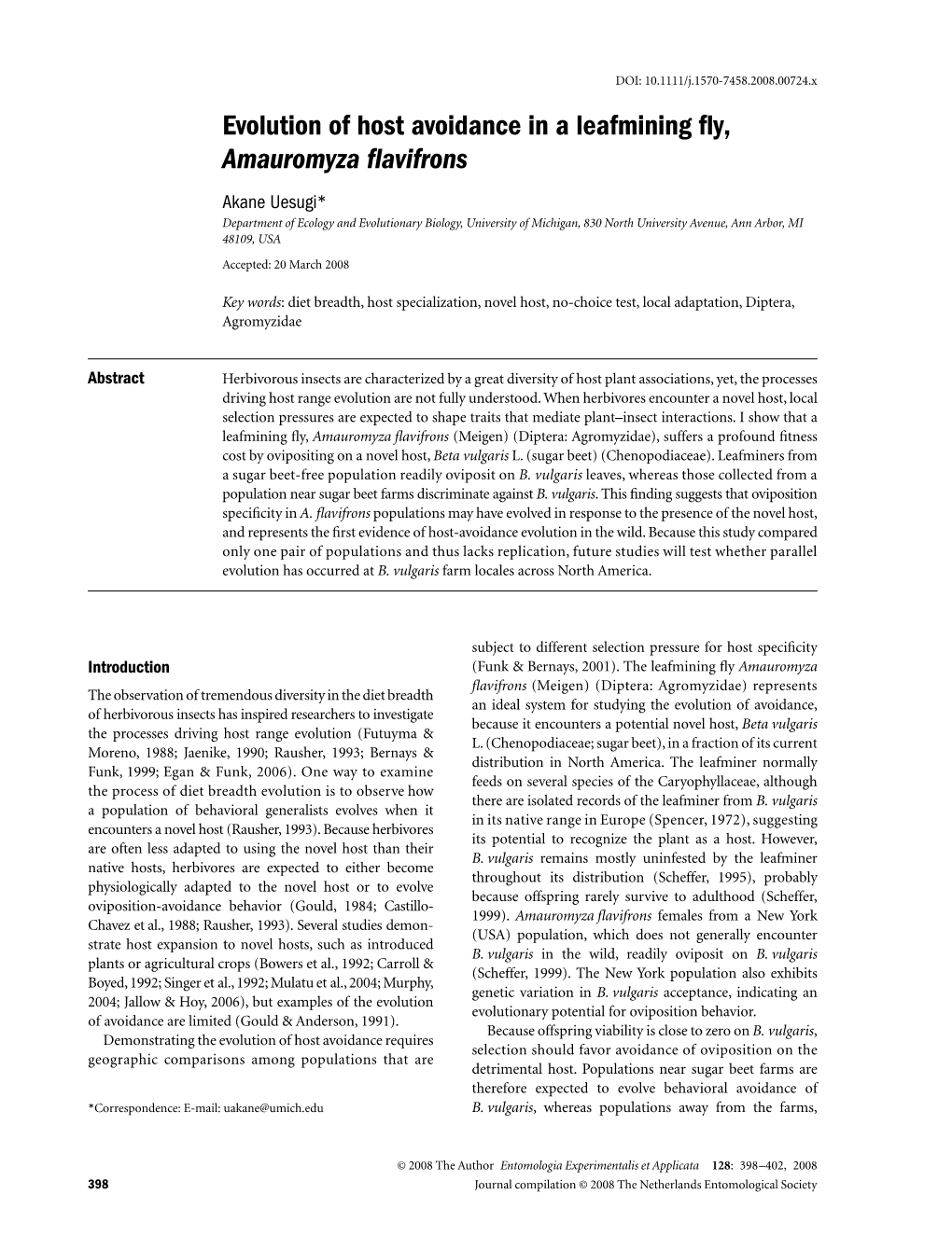 Evolution of Host Avoidance in a Leafmining Fly, Amauromyzaflavifrons