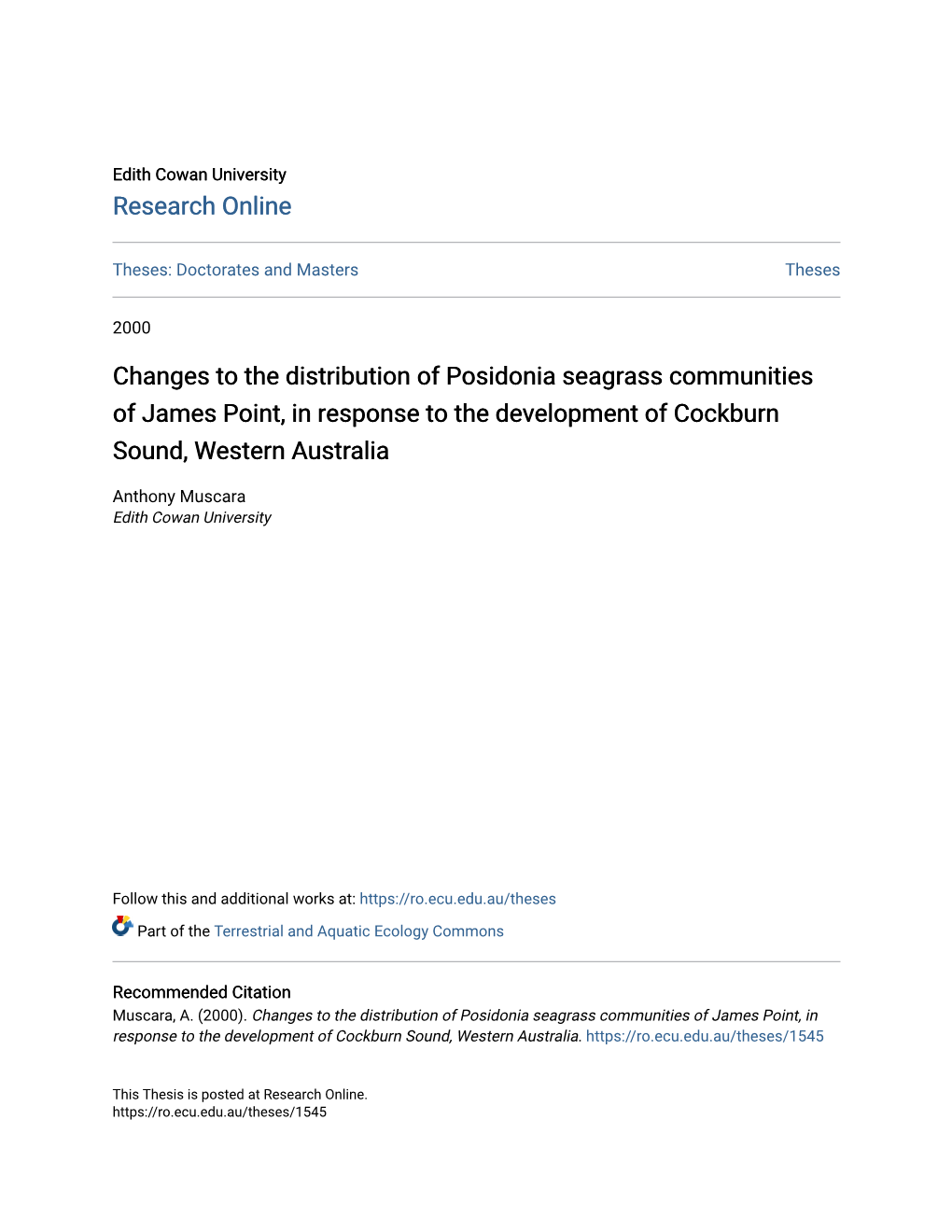 Changes to the Distribution of Posidonia Seagrass Communities of James Point, in Response to the Development of Cockburn Sound, Western Australia