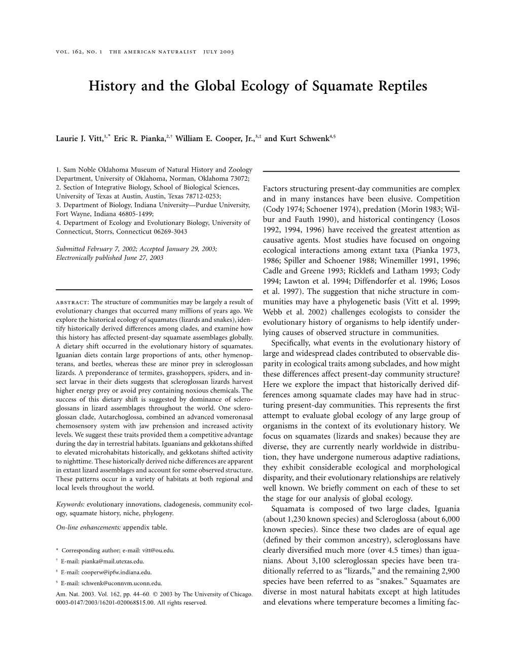 History and the Global Ecology of Squamate Reptiles