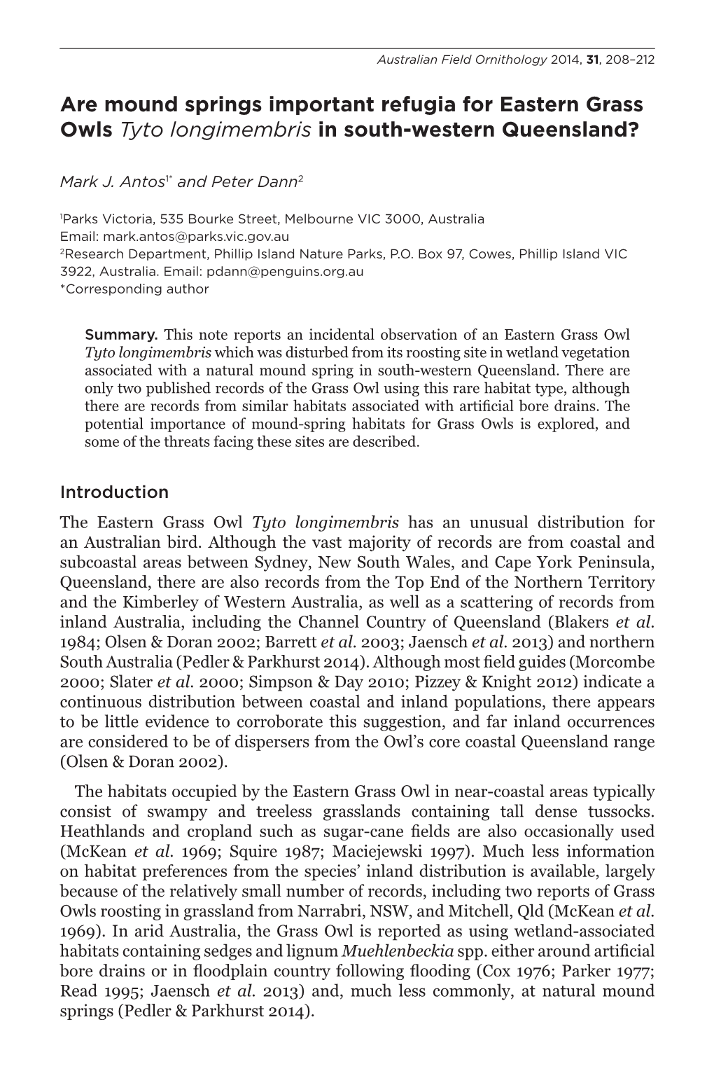 Are Mound Springs Important Refugia for Eastern Grass Owls Tyto Longimembris in South-Western Queensland?