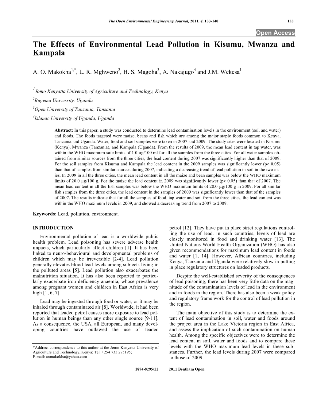 The Effects of Environmental Lead Pollution in Kisumu, Mwanza and Kampala