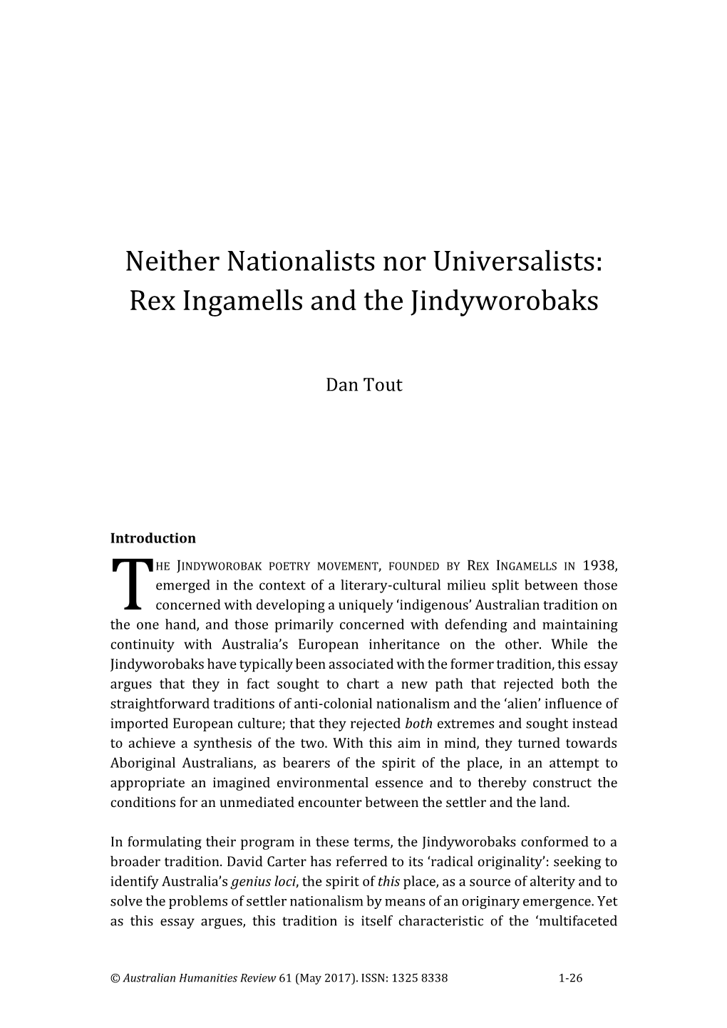 Neither Nationalists Nor Universalists: Rex Ingamells and the Jindyworobaks