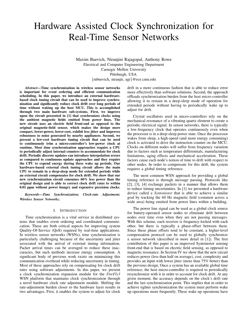 Hardware Assisted Clock Synchronization for Real-Time Sensor Networks