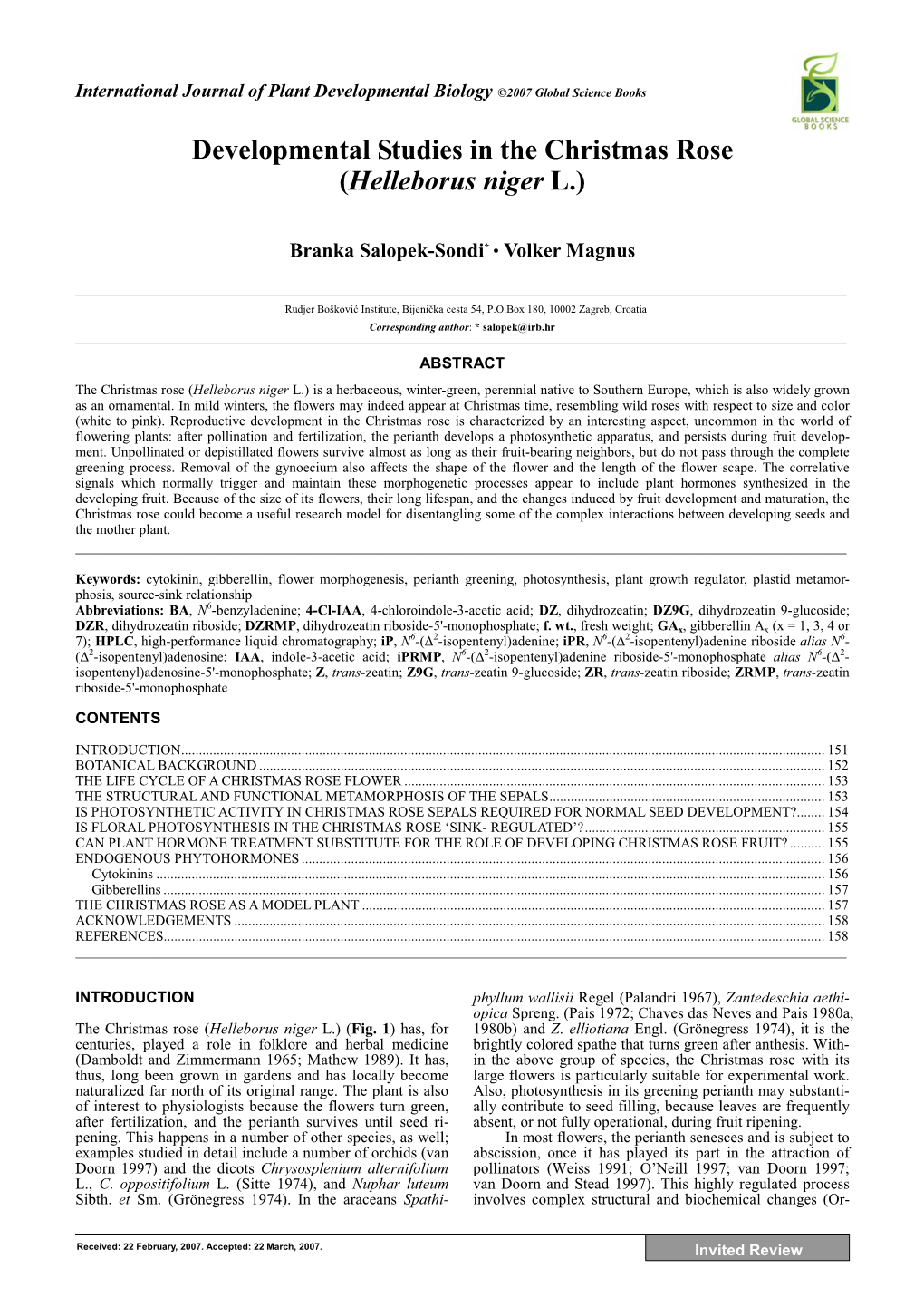 Developmental Studies in the Christmas Rose (Helleborus Niger L.)