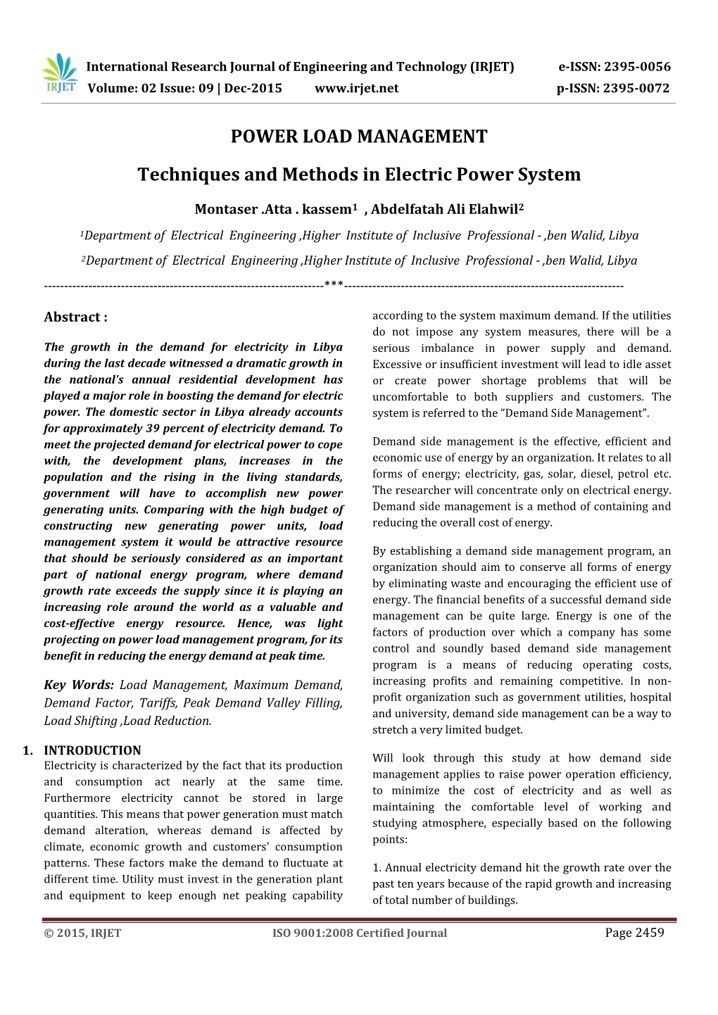 POWER LOAD MANAGEMENT Techniques and Methods in Electric Power System