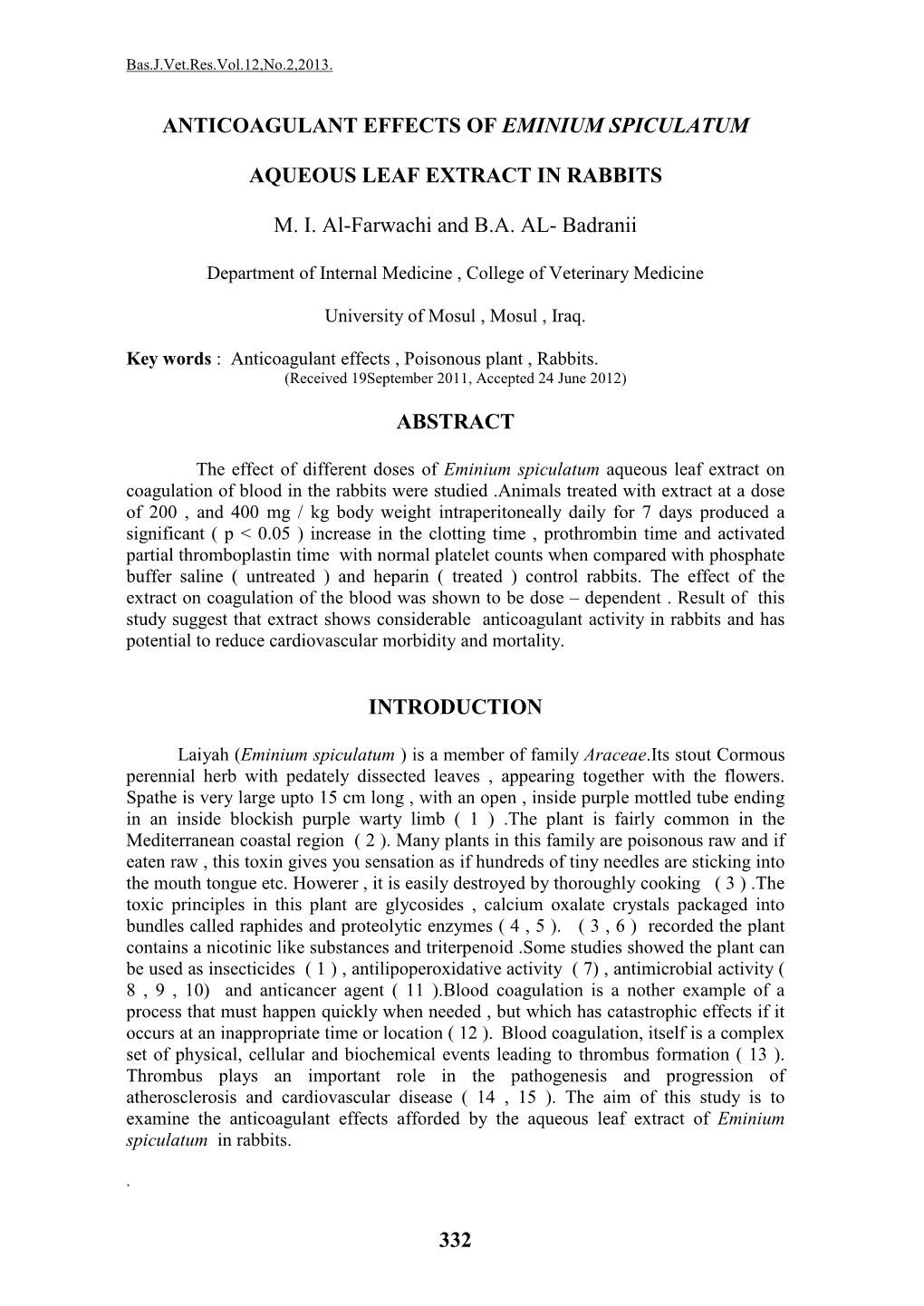 332 Anticoagulant Effects of Eminium Spiculatum