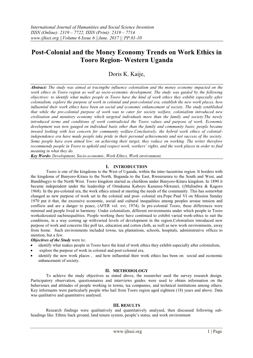 Post-Colonial and the Money Economy Trends on Work Ethics in Tooro Region- Western Uganda