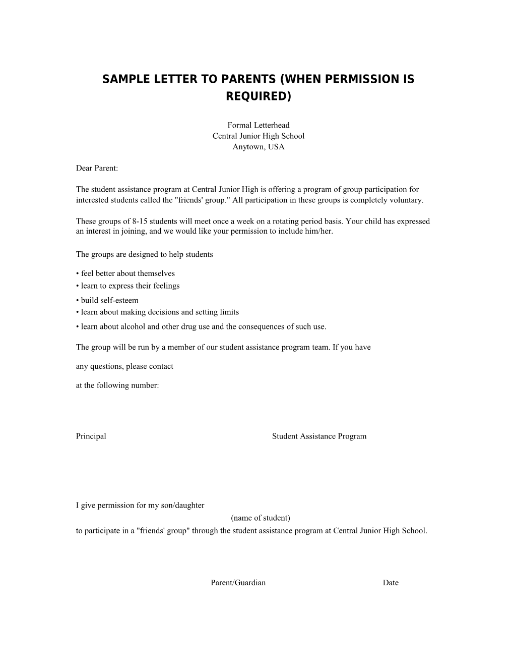 Sample Letter To Parents (When Permission Is Required)