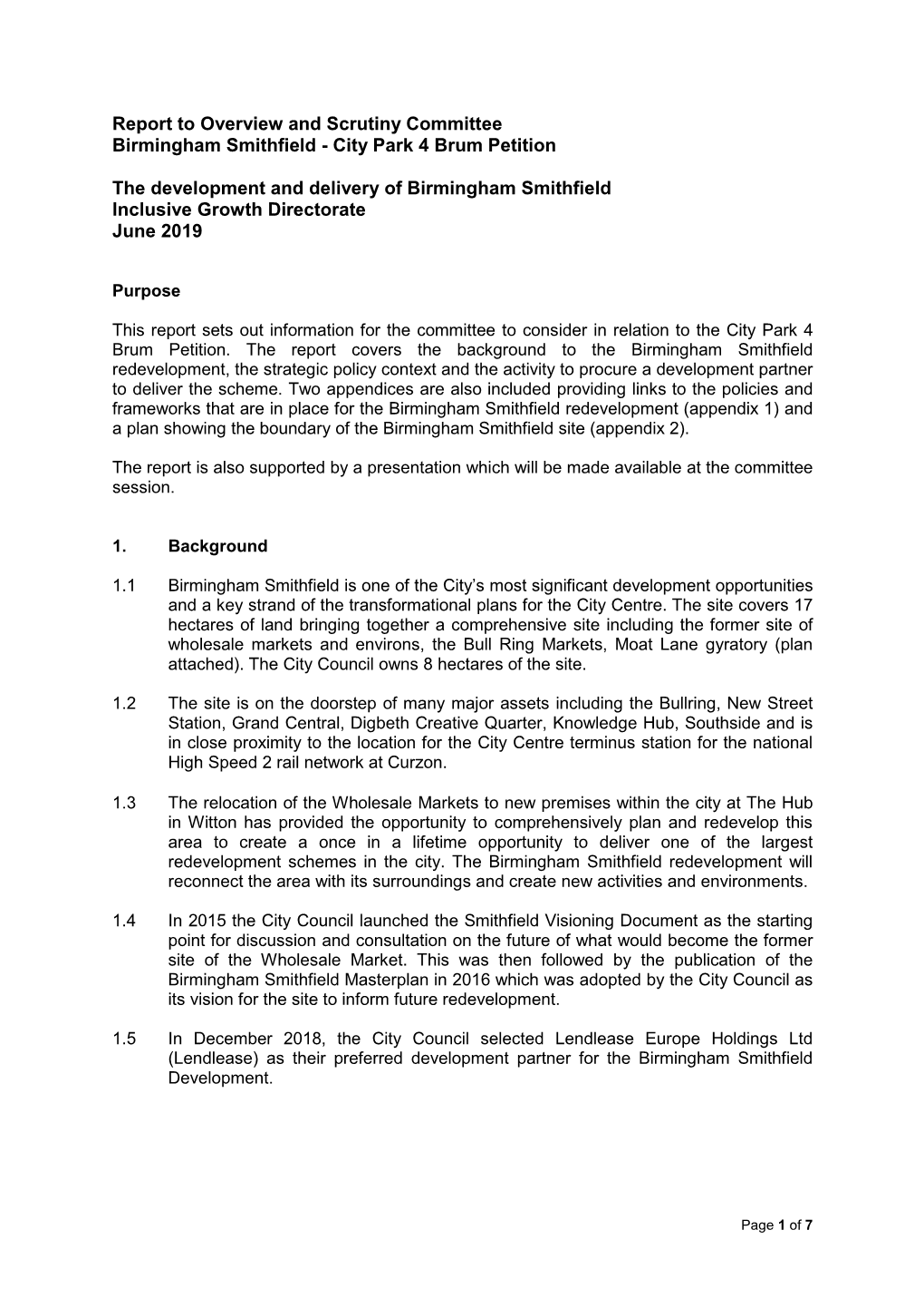 Report to Overview and Scrutiny Committee Birmingham Smithfield - City Park 4 Brum Petition