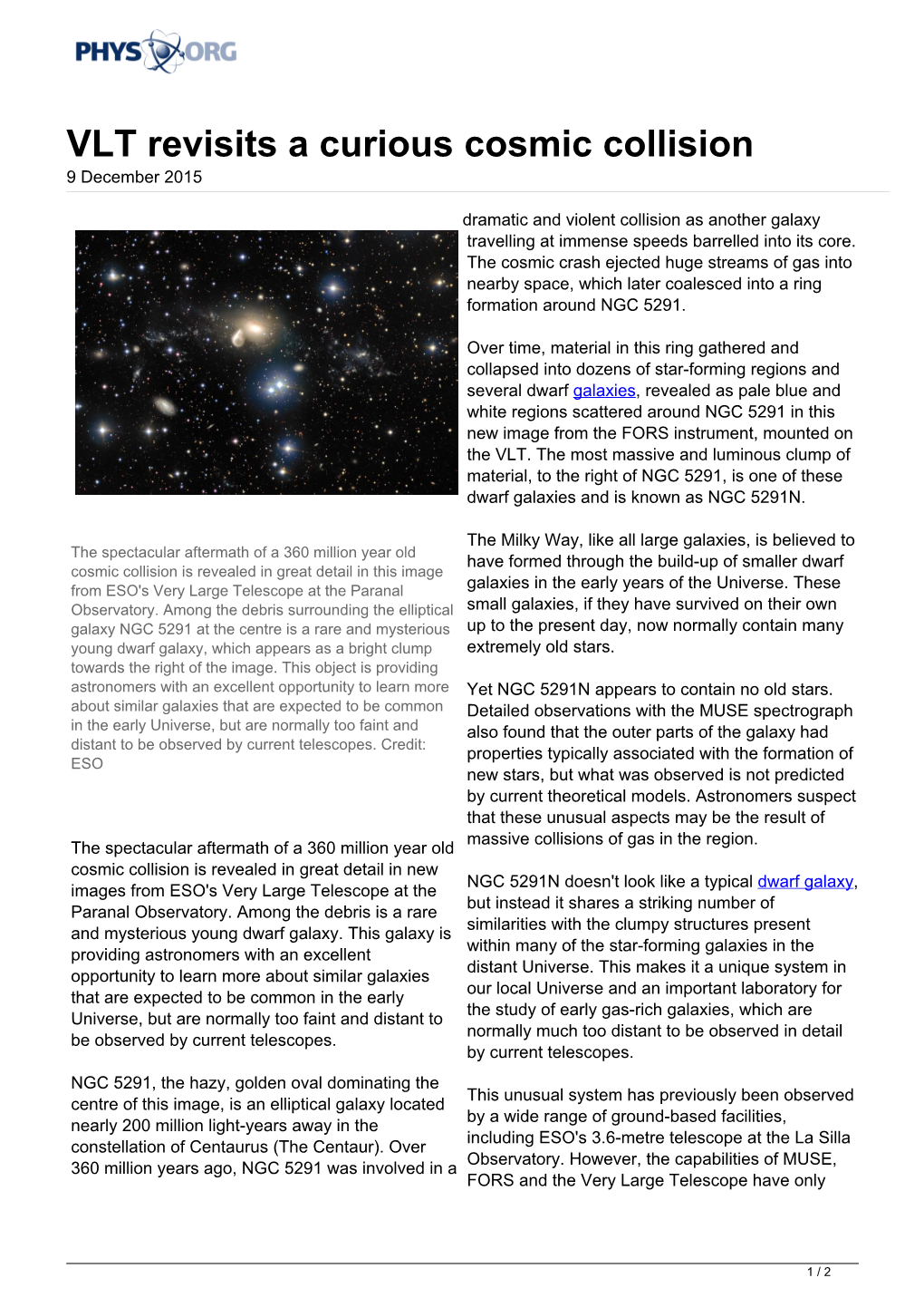 VLT Revisits a Curious Cosmic Collision 9 December 2015