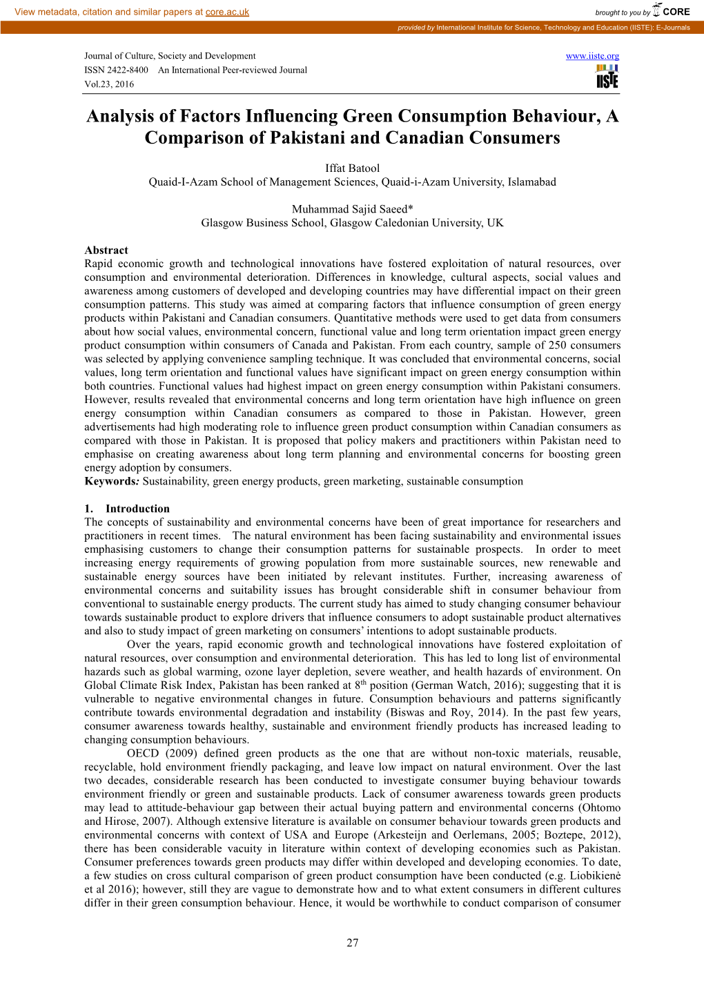 Analysis of Factors Influencing Green Consumption Behaviour, a Comparison of Pakistani and Canadian Consumers