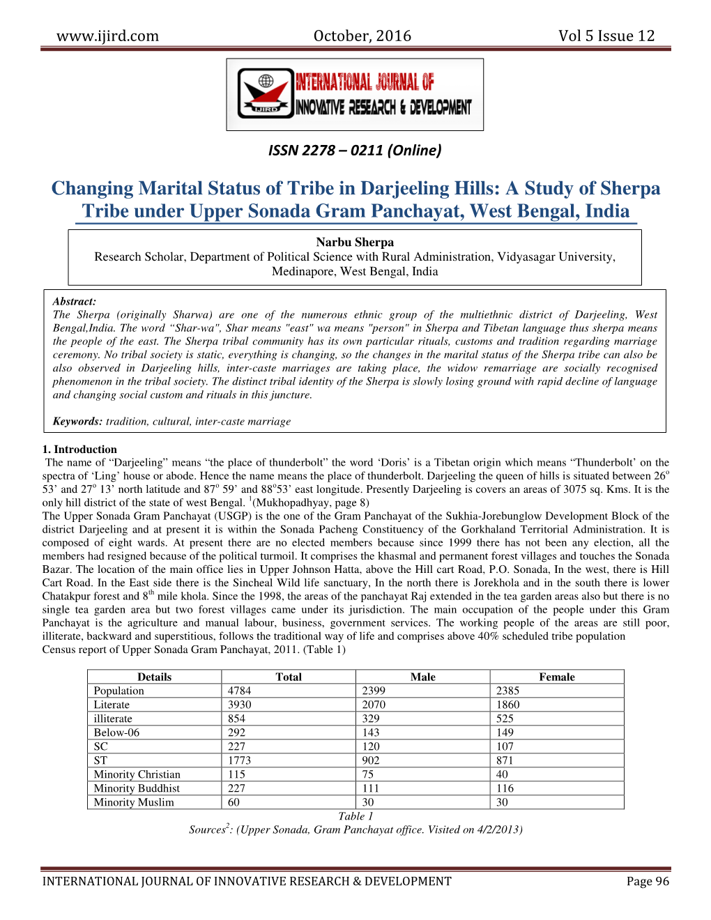 Changing Marital Status of Tribe in Darjeeling Hills: a Study of Sherpa Tribe Under Upper Sonada Gram Panchayat, West Bengal, India