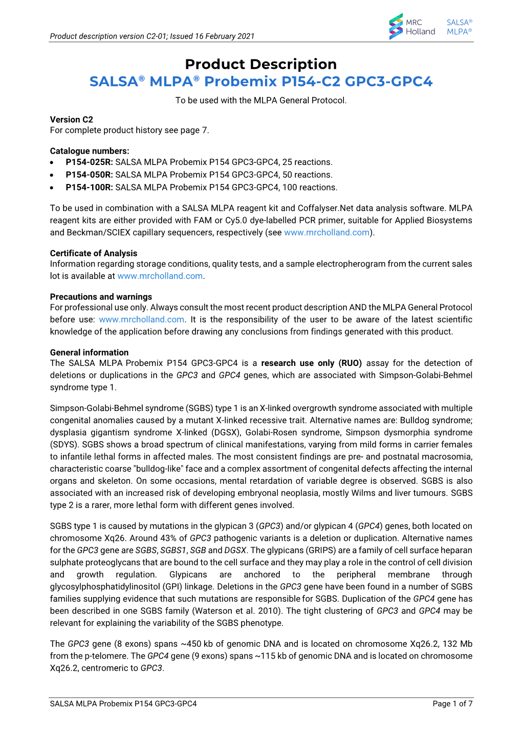 Product Description SALSA® MLPA® Probemix P154-C2 GPC3-GPC4 to Be Used with the MLPA General Protocol