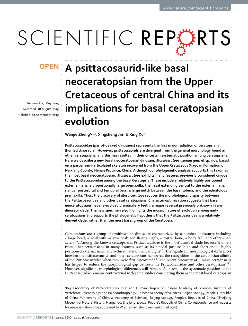 A Psittacosaurid-Like Basal Neoceratopsian from the Upper Cretaceous of Central China and Its Implications for Basal Ceratopsian Evolution