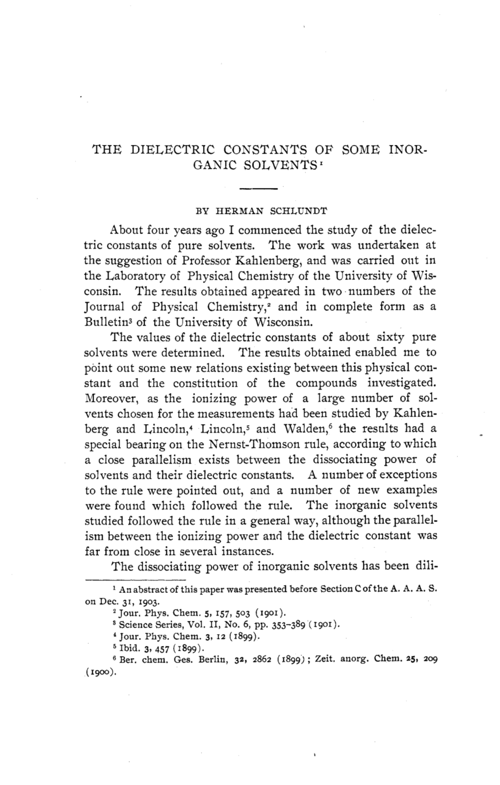 The Dielectric Constants of Some Inor- Ganic Solvents