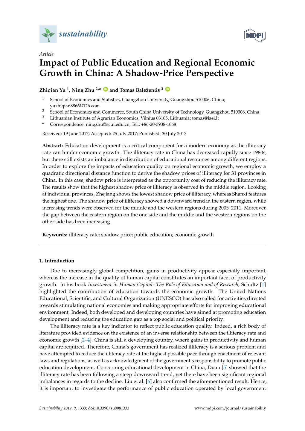 Impact of Public Education and Regional Economic Growth in China: a Shadow-Price Perspective