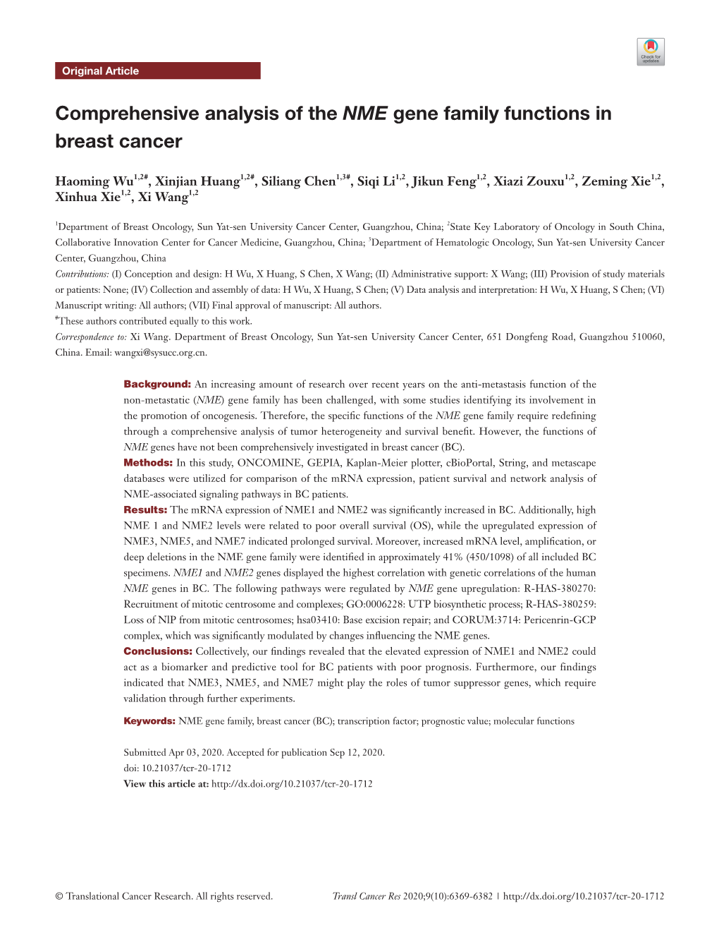Comprehensive Analysis of the NME Gene Family Functions in Breast Cancer