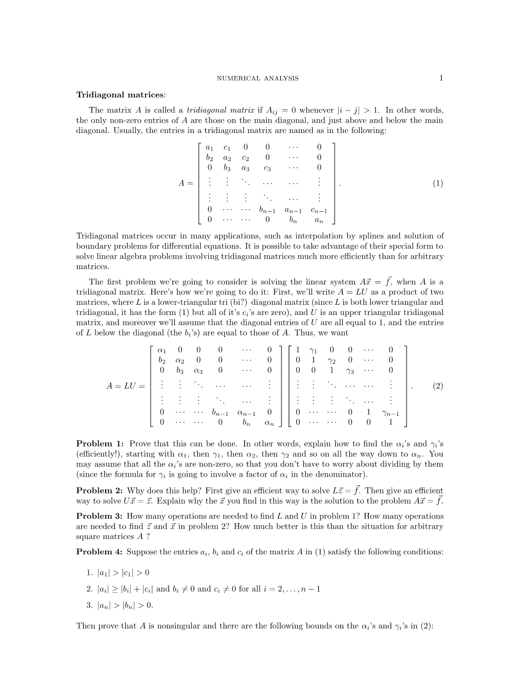 Numerical Analysis 1 Tridiagonal Matrices