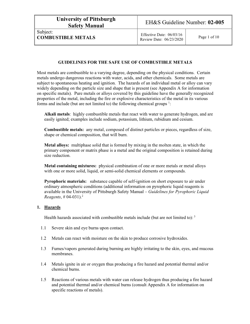 COMBUSTIBLE METALS Review Date: 06/23/2020