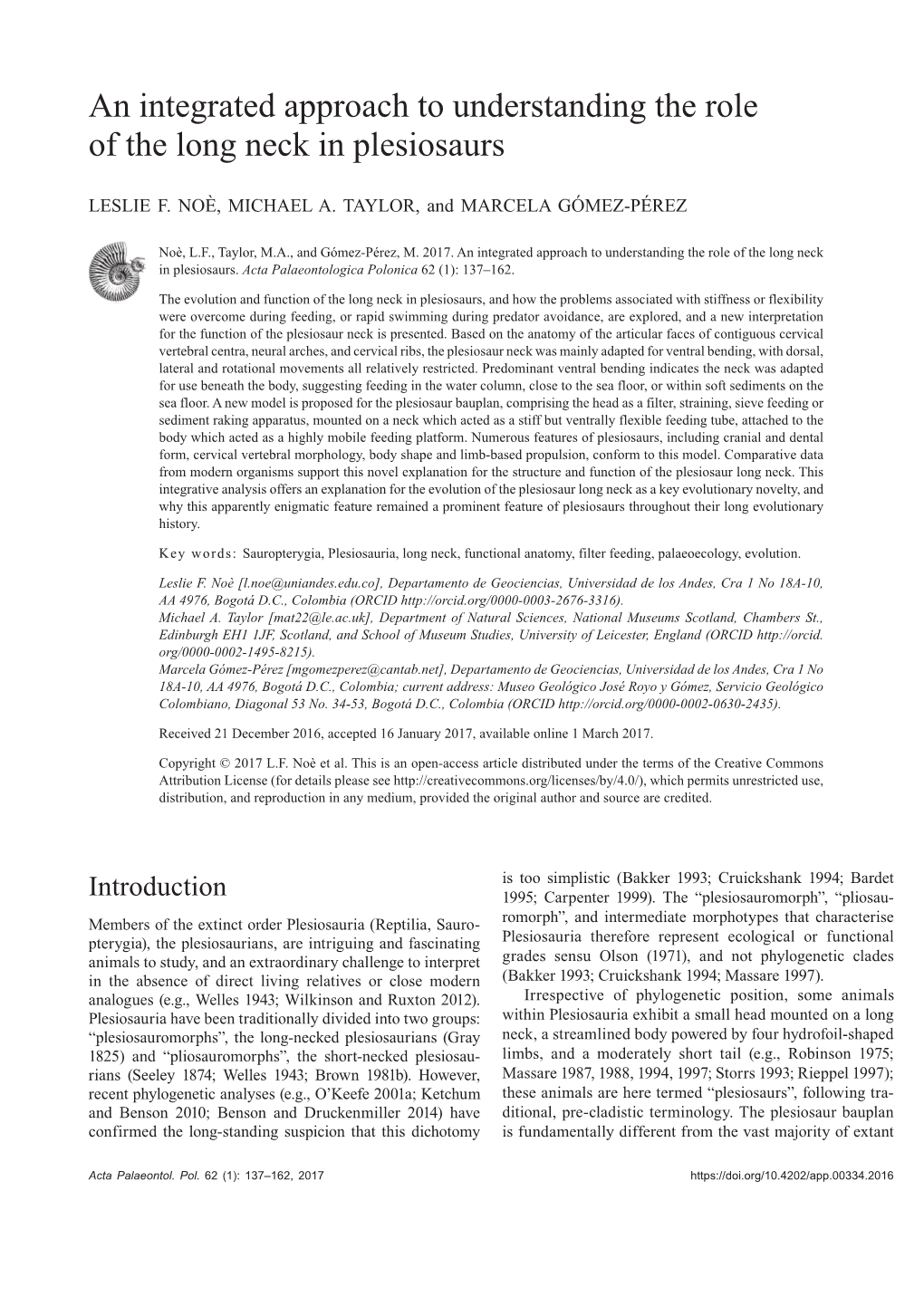 An Integrated Approach to Understanding the Role of the Long Neck in Plesiosaurs