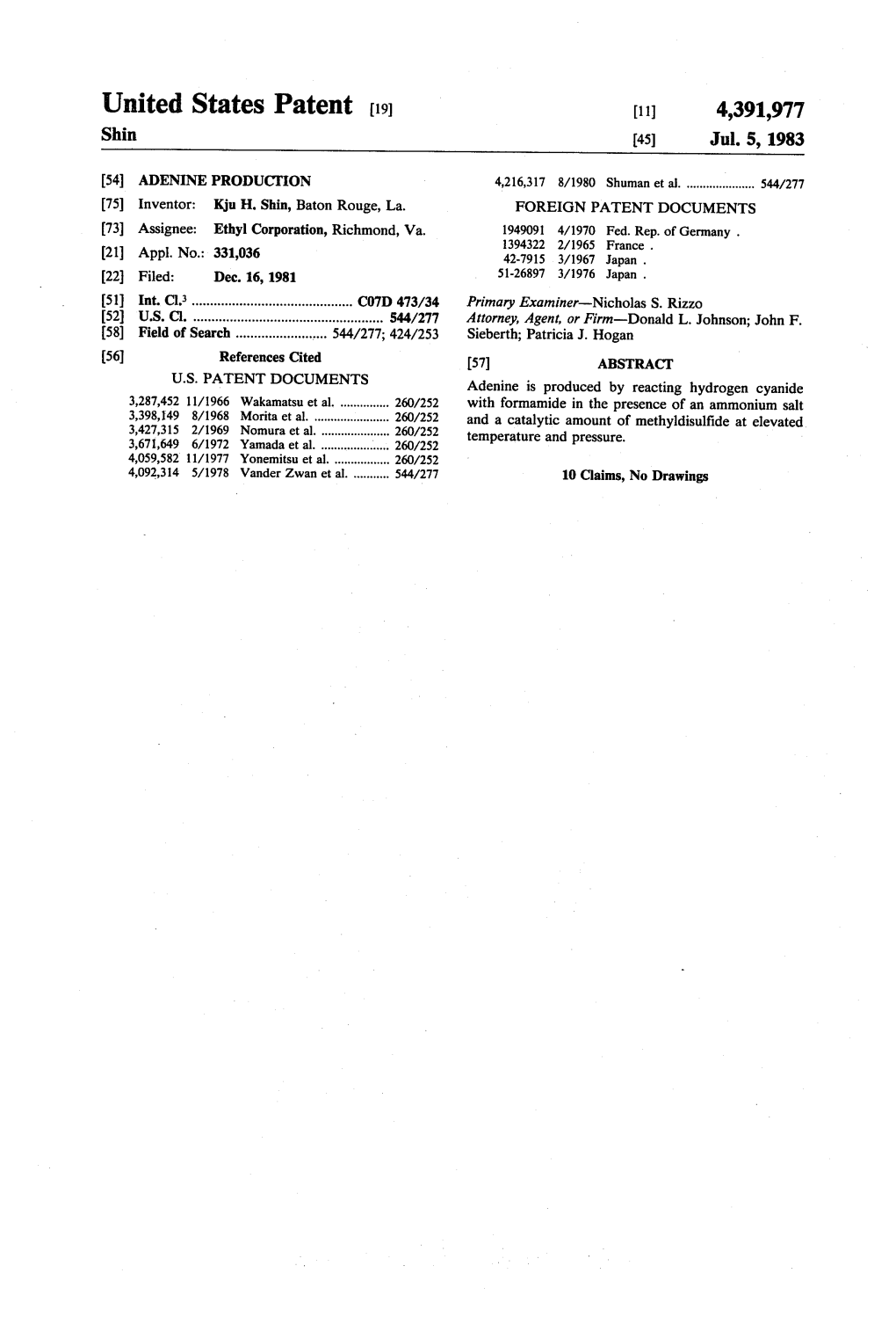 United States Patent (19) (11) 4,391,977 Shin 45) Jul
