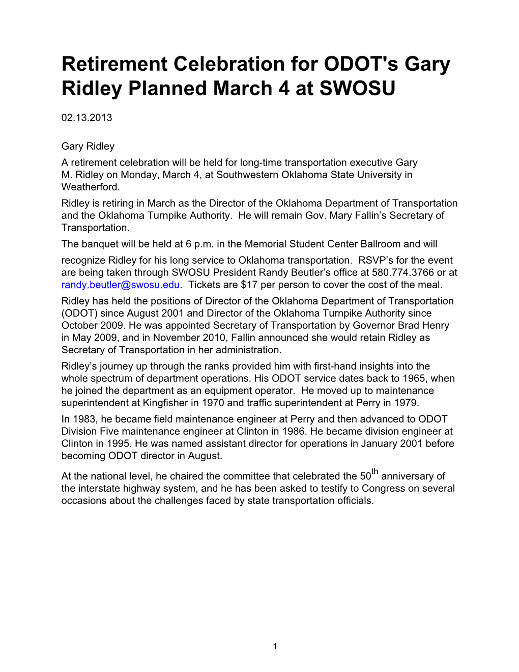 Retirement Celebration for ODOT's Gary Ridley Planned March 4 at SWOSU