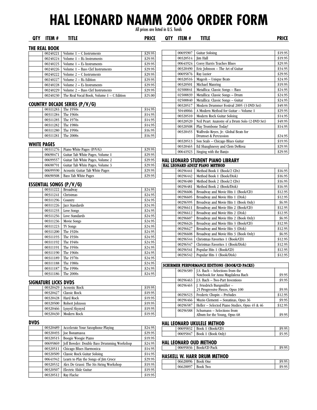 HAL LEONARD NAMM 2006 ORDER FORM All Prices Are Listed in U.S