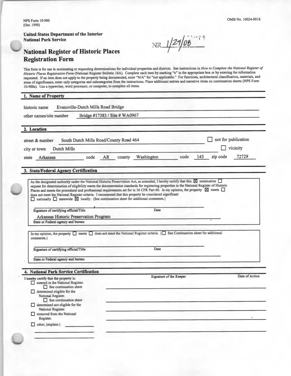 Evansville-Dutch Mills Road Bridge Other Names/Site Number Bridge # 17383 I Site# WA0967