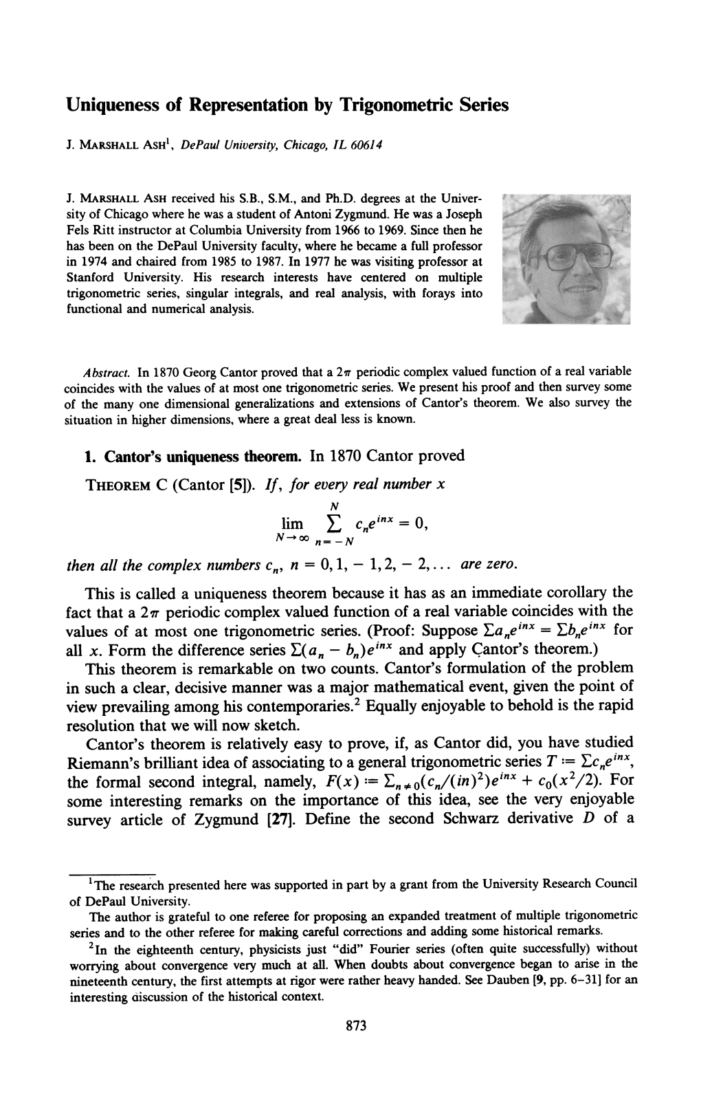 Uniqueness of Representation by Trigonometric Series 875